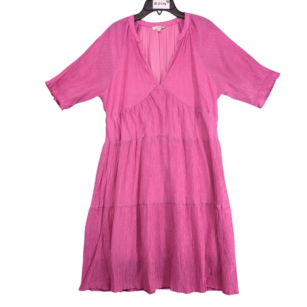 Mystree Pink Tiered Peasant Dress Sz L Crinkle Shimmer Ruffle Knee-Length Boho